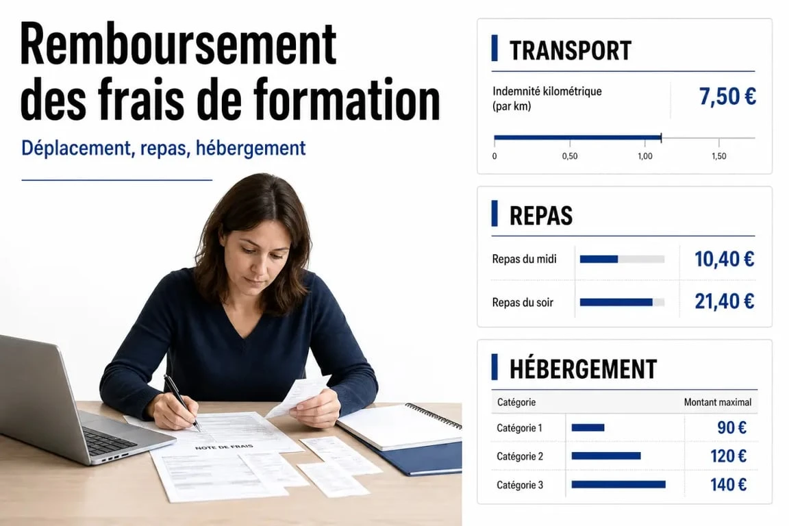 Frais de déplacement pour formation professionnelle : schéma clair du remboursement du transport, des repas et de l’hébergement