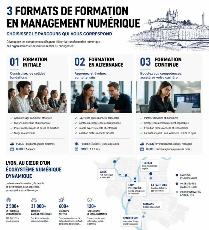 Infographie comparative des formats de formation en management numérique à Lyon