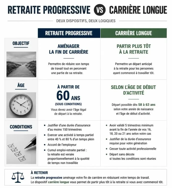 Infographie comparative entre retraite progressive et carrière longue pour préparer sa fin de carrière.