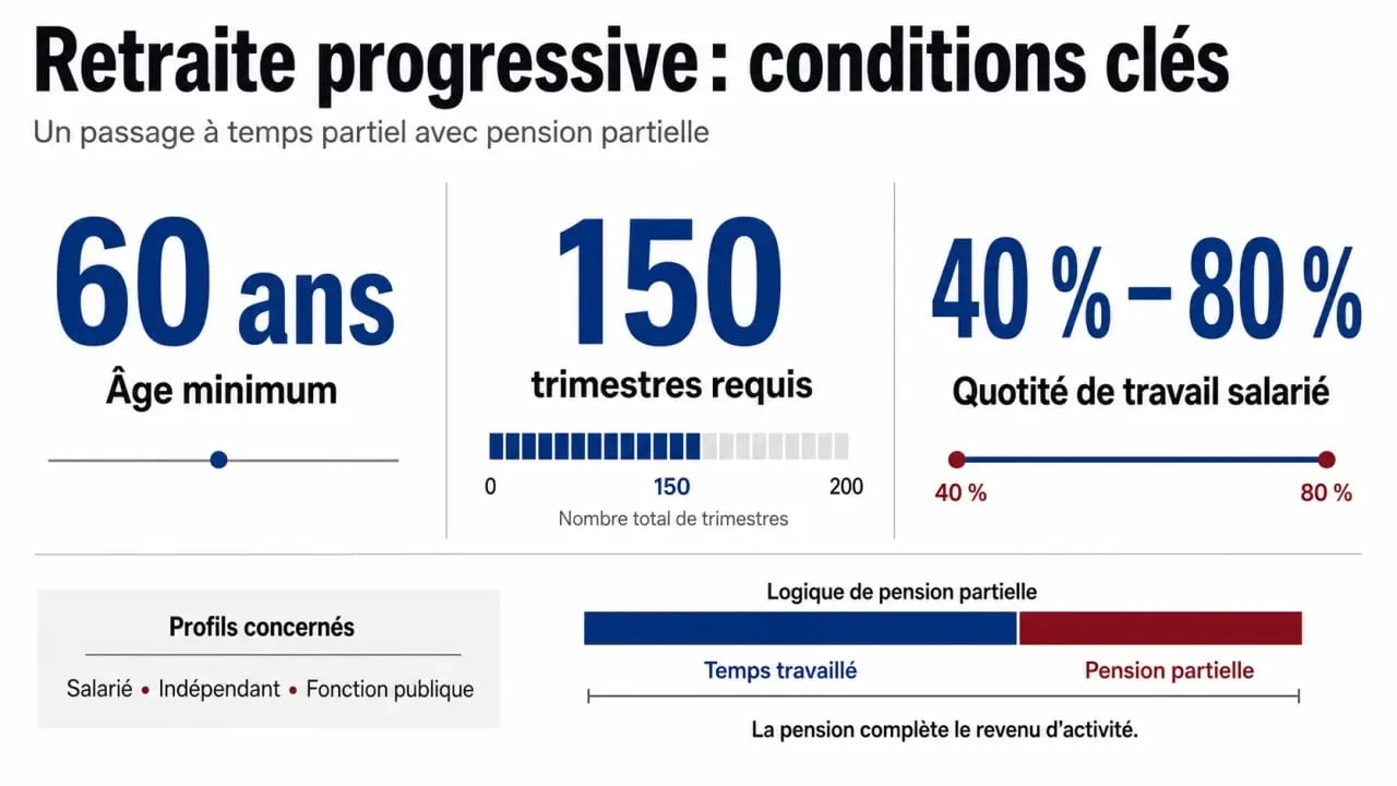 Retraite progressive conditions : âge minimum, 150 trimestres et quotité de travail