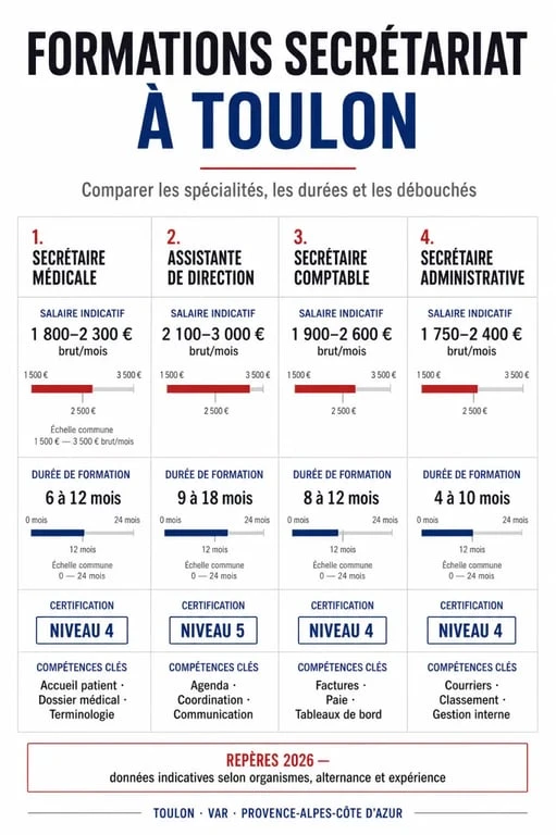 formation secretariat toulon : comparatif visuel des spécialités, durées et salaires