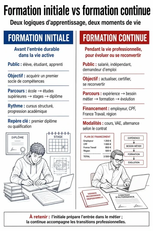 Différence entre formation initiale et continue : comparatif visuel des publics, du statut et des objectifs