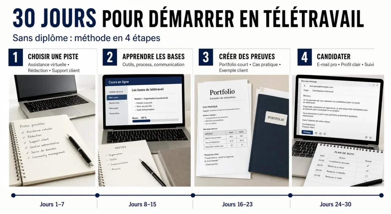Télétravail sans diplôme : plan d’action en 30 jours pour décrocher une première mission à distance