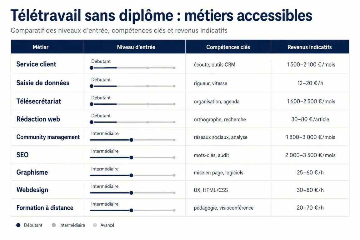 Télétravail sans diplôme : comparatif visuel des métiers accessibles, compétences et revenus