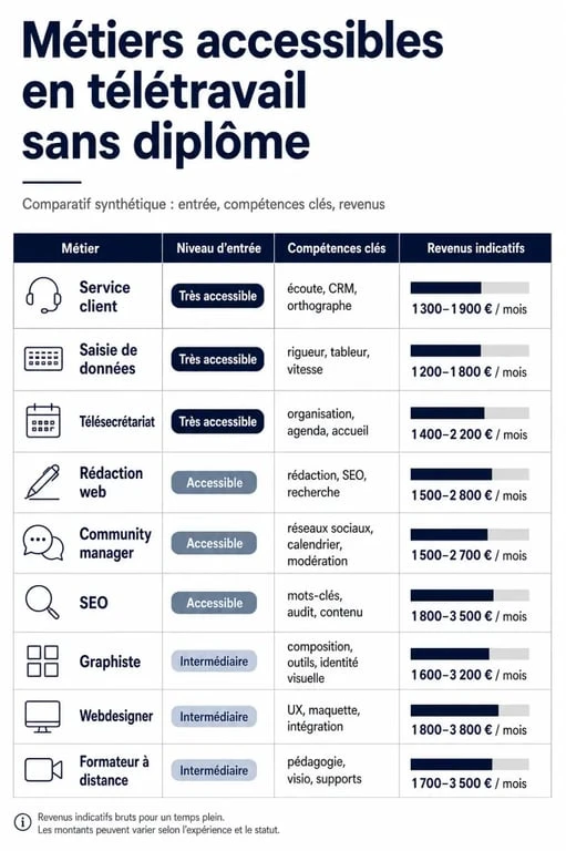 Télétravail sans diplôme : comparatif visuel des métiers accessibles, compétences et revenus