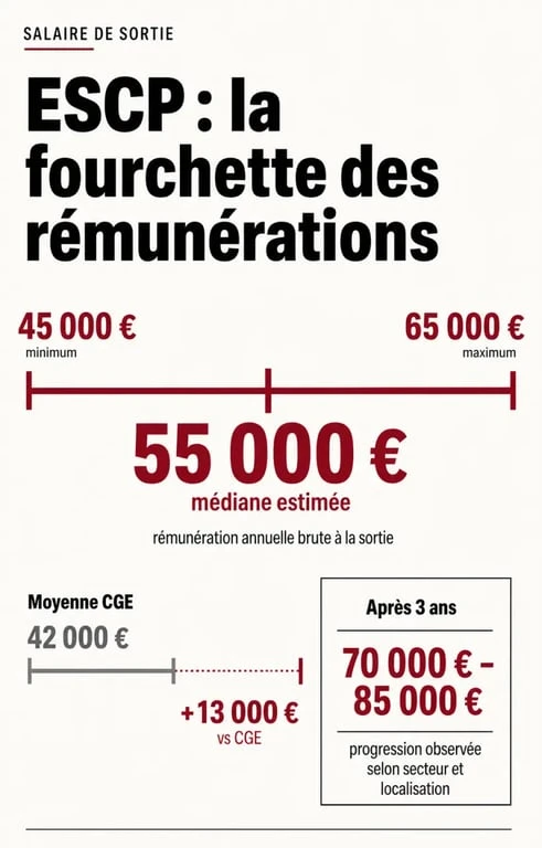 Salaire sortie ESCP : comparaison visuelle des fourchettes de rémunération et progression après 3 ans