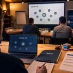 Formateur intelligence artificielle en atelier IA avec documents RGPD et fiche pédagogique