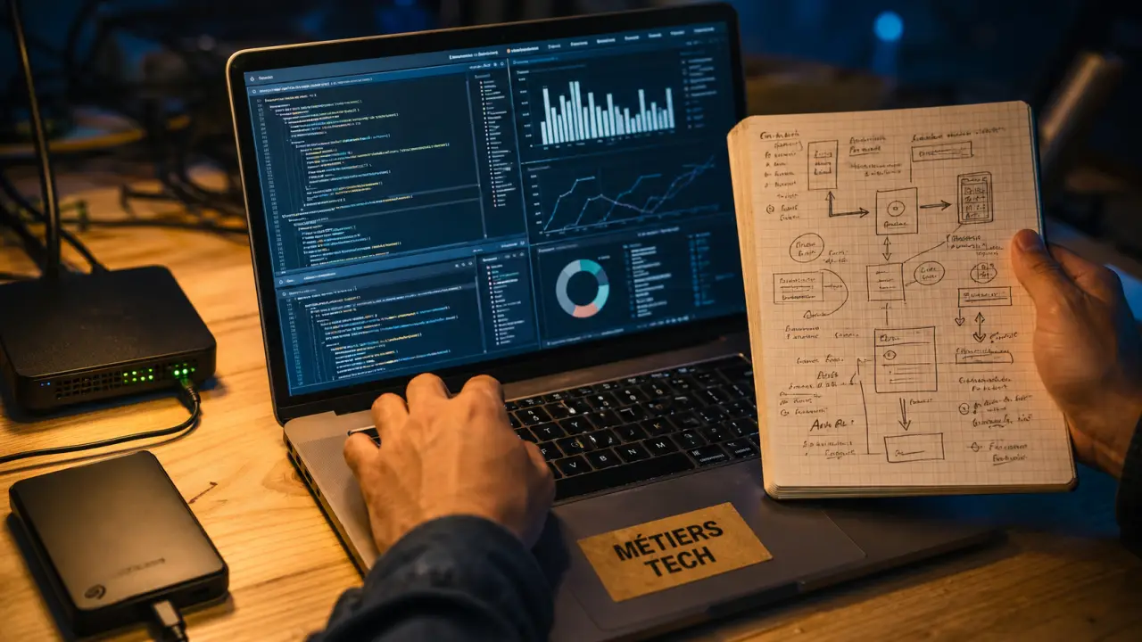 Métiers tech : code, data et cybersécurité sur un bureau