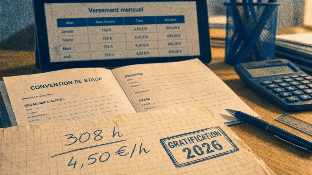 Rémunération stage date de versement 2026 : 4,50 €/h et seuil 308 h