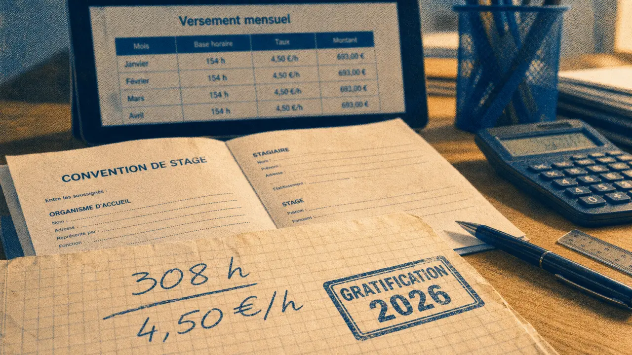Rémunération stage date de versement 2026 : 4,50 €/h et seuil 308 h