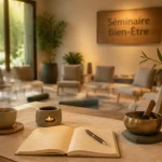 Séminaire bien être : table en bois, thé et yoga