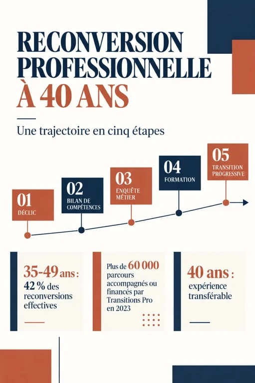 Infographie sur la reconversion professionnelle à 40 ans et les étapes décrites dans les témoignages