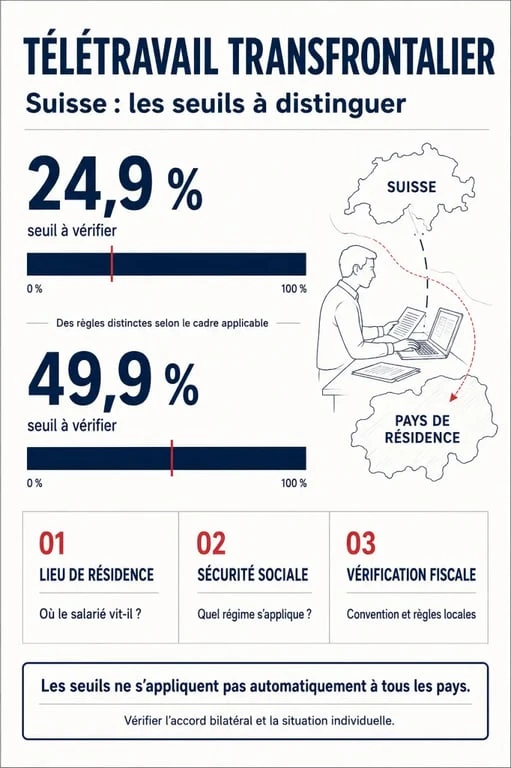 Infographie sur le télétravail en Suisse et les seuils de 24,9 % et 49,9 % pour les frontaliers