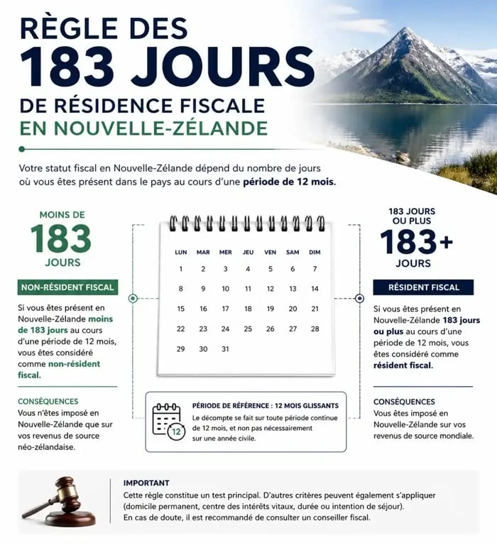 Infographie sur la résidence fiscale pour le télétravail en Nouvelle-Zélande