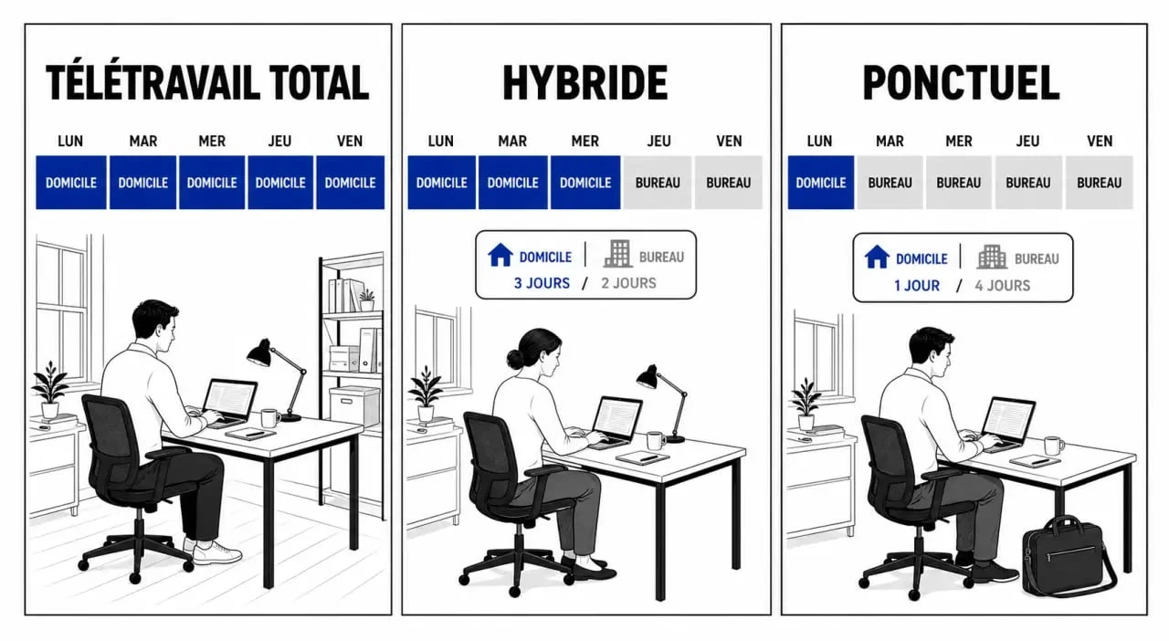 Emploi télétravail : comparaison visuelle entre télétravail total, hybride et ponctuel dans un espace de travail à domicile