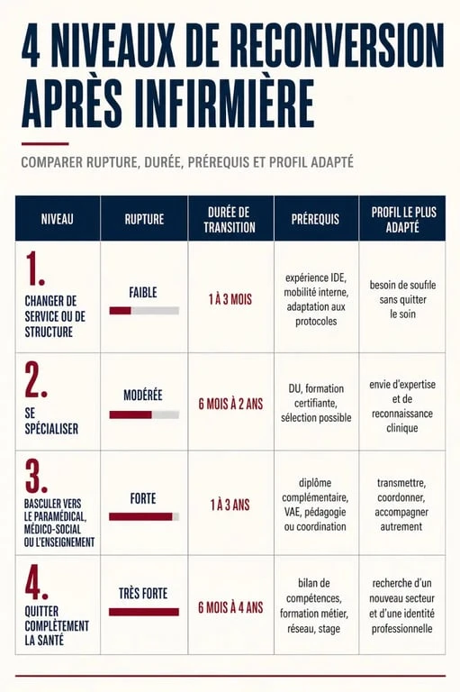 Infographie sur la reconversion professionnelle infirmière avec 4 niveaux de changement et leurs profils adaptés
