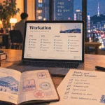 Télétravail Corée : visa Workation 2 ans, passeport et laptop en coworking à Séoul