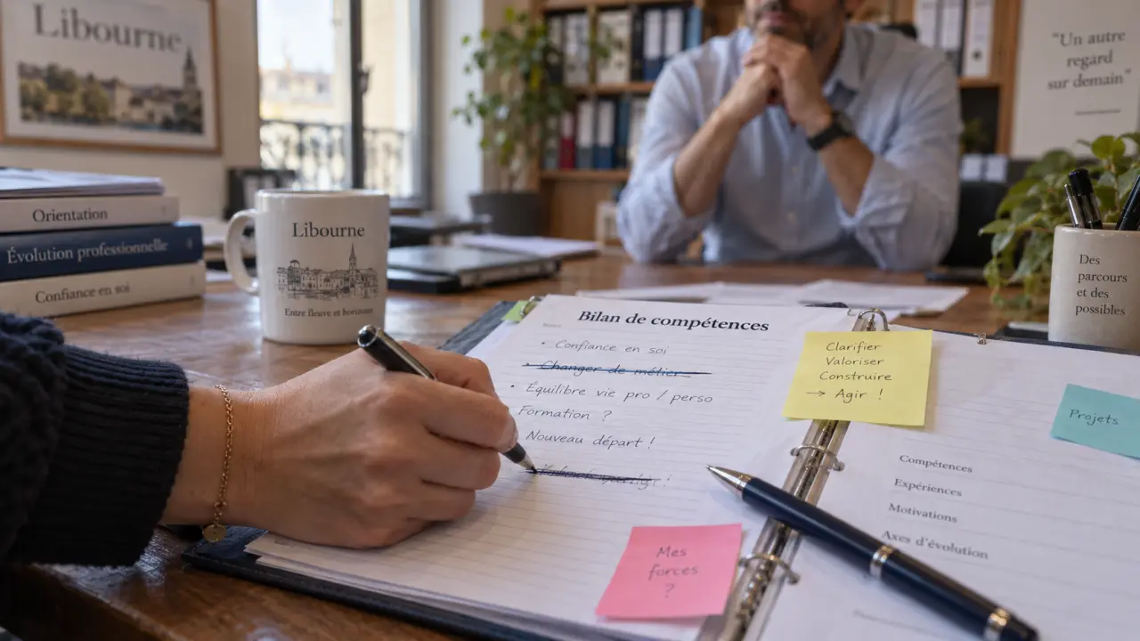 bilan de compétences libourne, classeur et dossier sur table