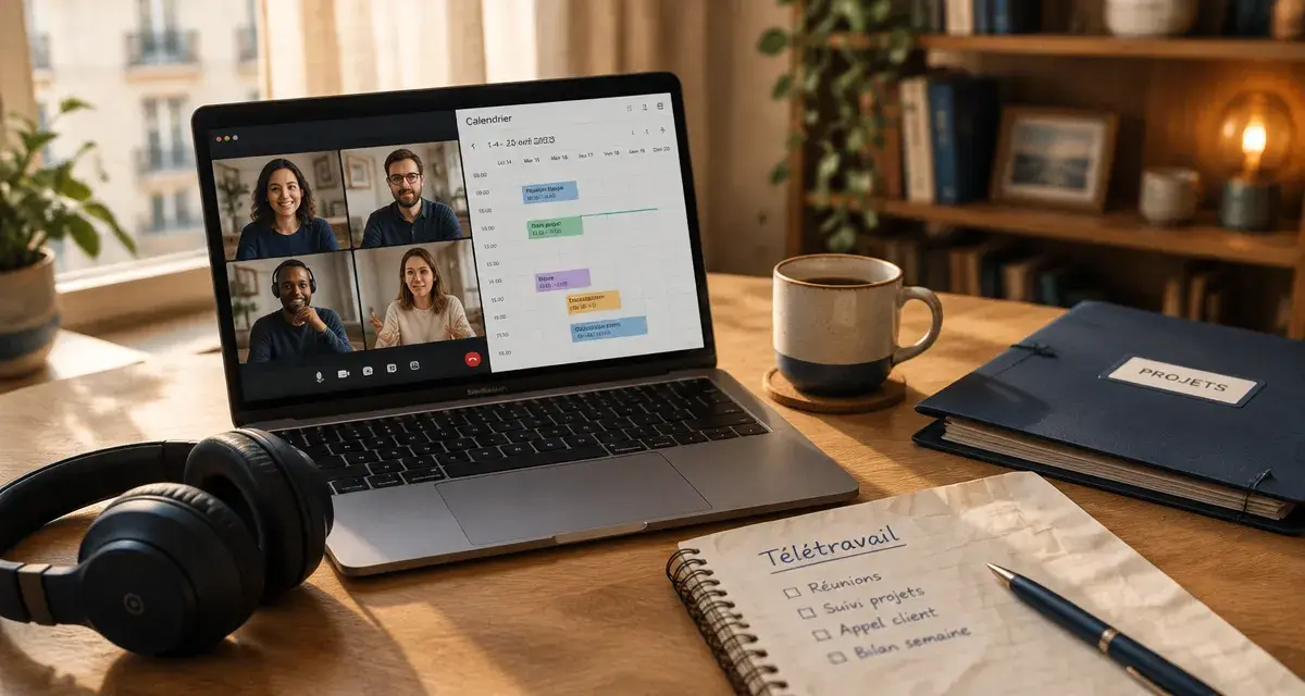 Métiers en télétravail : bureau avec visioconférence